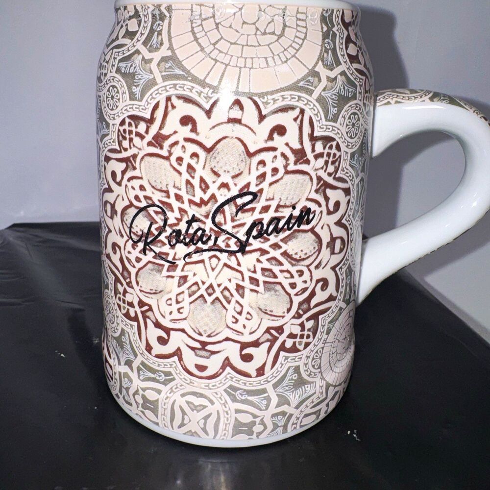 Rosman Group Rota Spain Decorated Ceramic Coffee Mug 16 oz White/Gray/Brown
